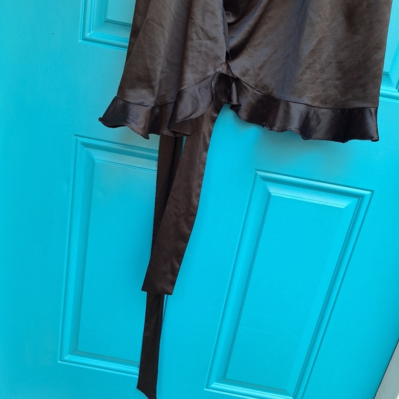 Wrap-Around Top Vintage Black Satin Ruffle Puff Sleeve Blouse - Picture 10 of 16